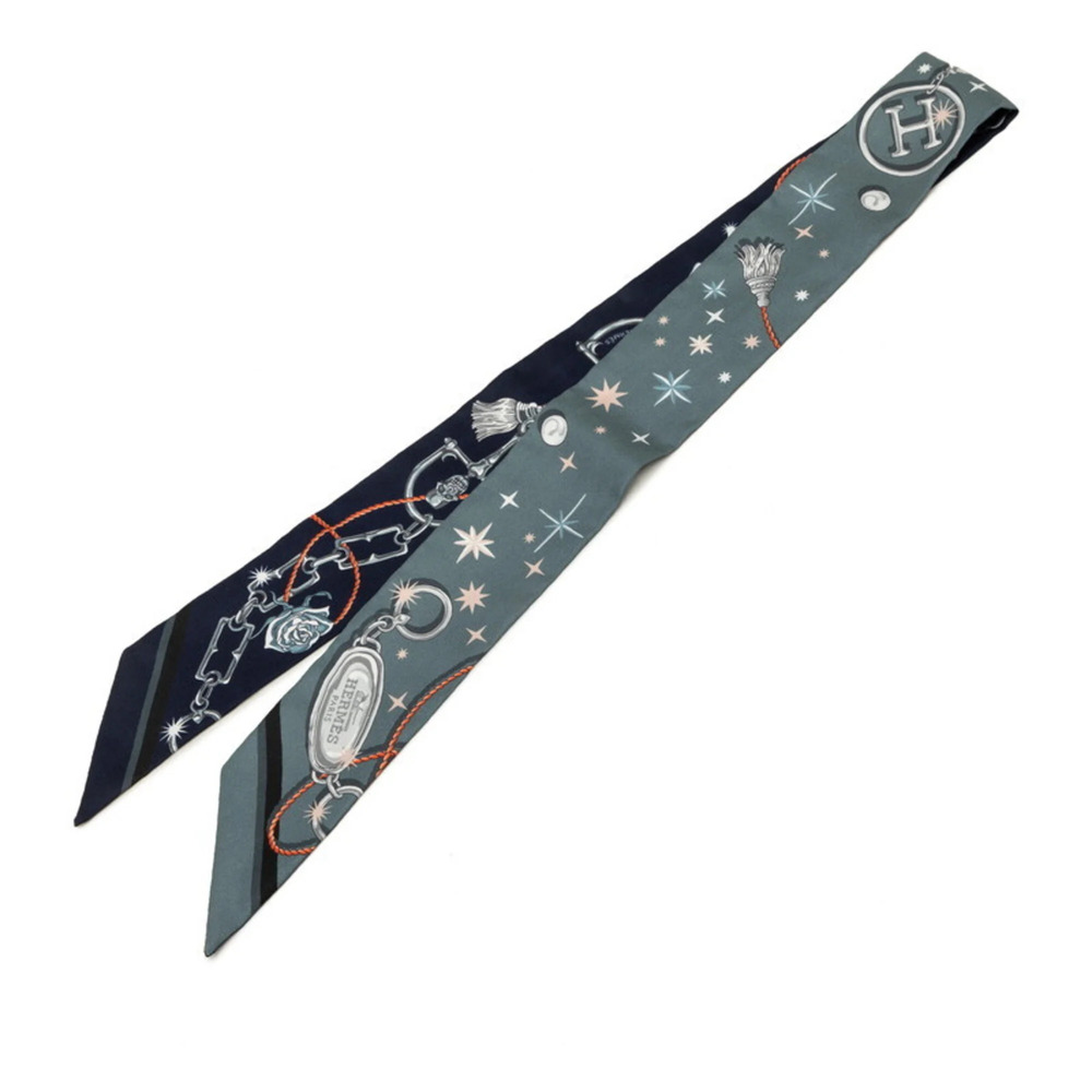 Hermes Twilly C'est La Fete Scarf Muffler, Gray/Navy, Silk, Women's HERMES